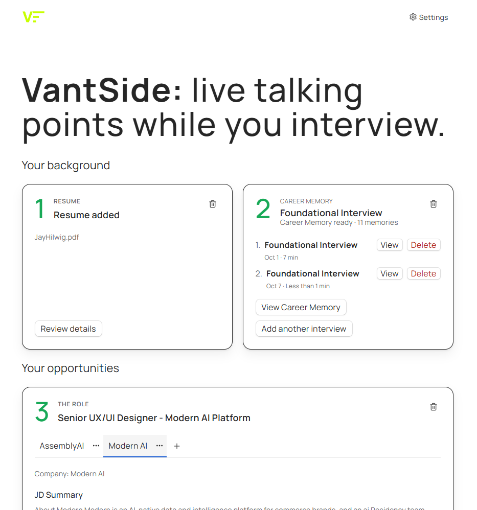 VantSide interview preparation app interface